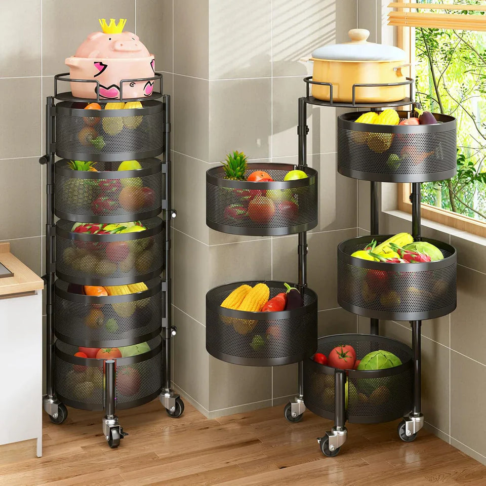 Étagère de Rangement Ronde Multi-Niveaux Rotative 360° avec Roulettes